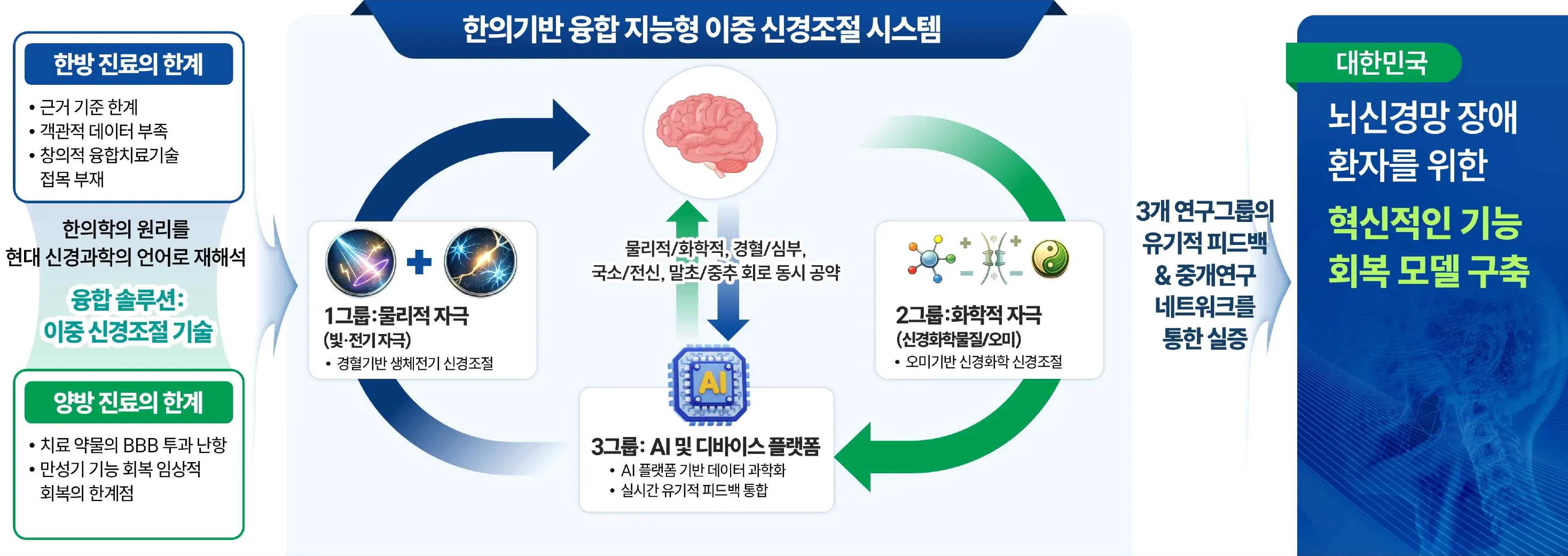 한의기반 융합 지능형 이중 신경조절 시스템 인포그래픽 : 한방 진료의 한계(근거 기준 한계, 객관적 데이터 부족, 창의적 융합치료기술 접목 부재)와 양방 진료의 한계(치료 약물의 BBB 투과 난항, 만성기 기능 회복 임상적 회복의 한계점)를 한의학의 원리를 현대 신경과학의 언어로 재해석한 융합 솔루션 이중 신경조절 기술로 극복하며, 1그룹 물리적 자극(빛·전기자극) 경혈기반 생체전기 신경조절, 2그룹 화학적 자극(신경화학물질·오미) 오미기반 신경화학 신경조절, 3그룹 AI 및 디바이스 플랫폼(AI 플랫폼 기반 데이터 과학화, 실시간 유기적 피드백 통합)이 물리적·화학적, 경혈·심부, 국소·전신, 말초·중추 회로를 동시 공략하고, 3개 연구그룹의 유기적 피드백 및 중개연구 네트워크를 통한 실증으로 대한민국 뇌신경망 장애 환자를 위한 혁신적인 기능 회복 모델을 구축하는 구조도