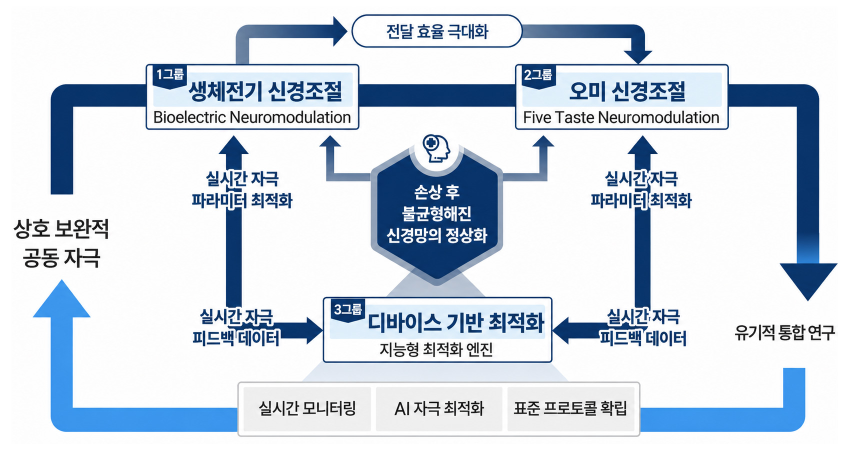 1그룹 생체전기 신경조절 · 2그룹 오미 신경조절 · 3그룹 디바이스 기반 최적화가 실시간 자극 파라미터 최적화와 피드백 데이터를 순환시켜 손상 후 불균형해진 신경망을 정상화하는 유기적 통합 연구 구조도